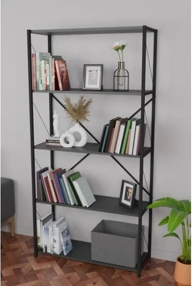 Libreria 5 Ripiani Stile Industrial 88x34x180 Jacob Antracite