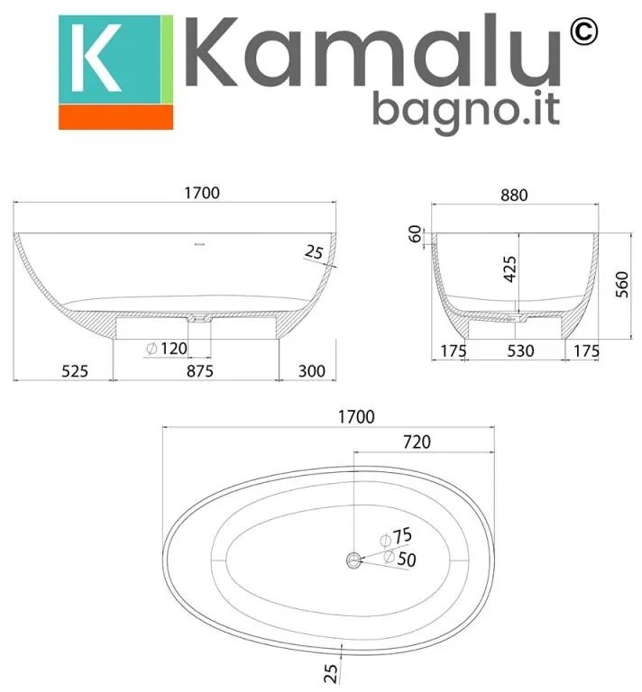 Kamalu - vasca da bagno solid surface centro stanza bianco opaco | kc1700