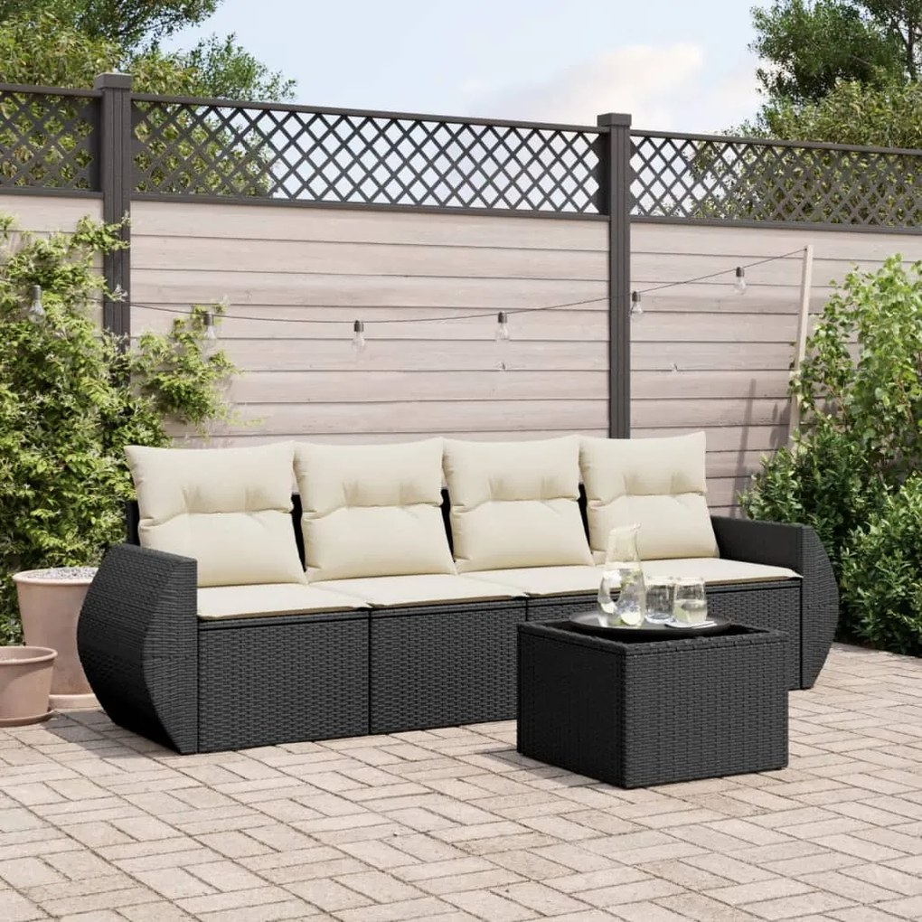 Set divani da giardino 5 pz con cuscini in polyrattan nero