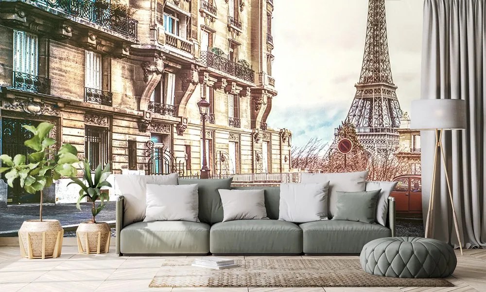 Carta da parati autoadesiva – Vista della Torre Eiffel dalla strada di Parigi