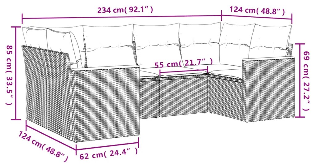 Set divano da giardino 6 pz con cuscini beige in polyrattan