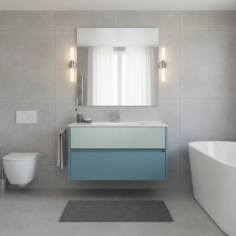 Mobile da bagno sospeso sotto lavabo Niwa 2 cassetti L 89.5 x H 50 x P 45.5 cm blu pacifico e verde timo cannettato