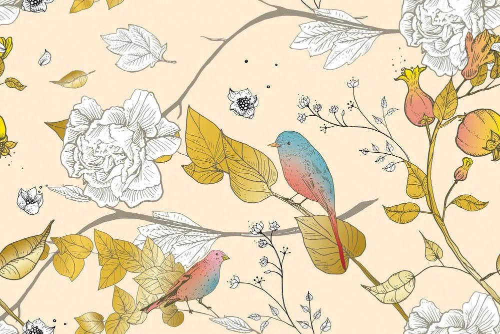 Carta da parati – Uccellini vintage sui rami