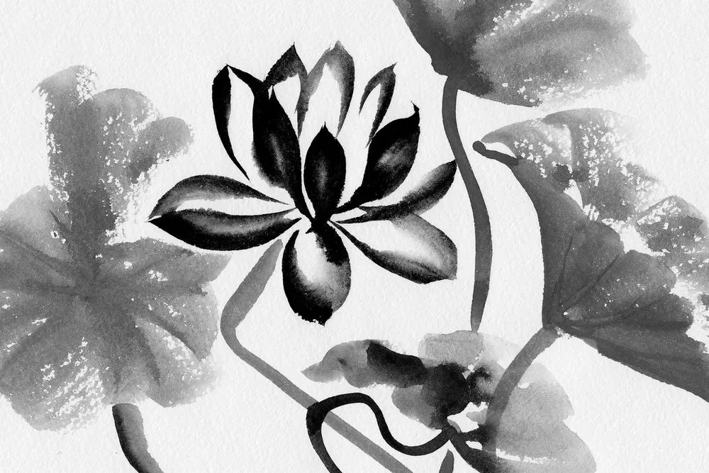 Stampa su tela – Fiore di loto acquerellato in bianco e nero