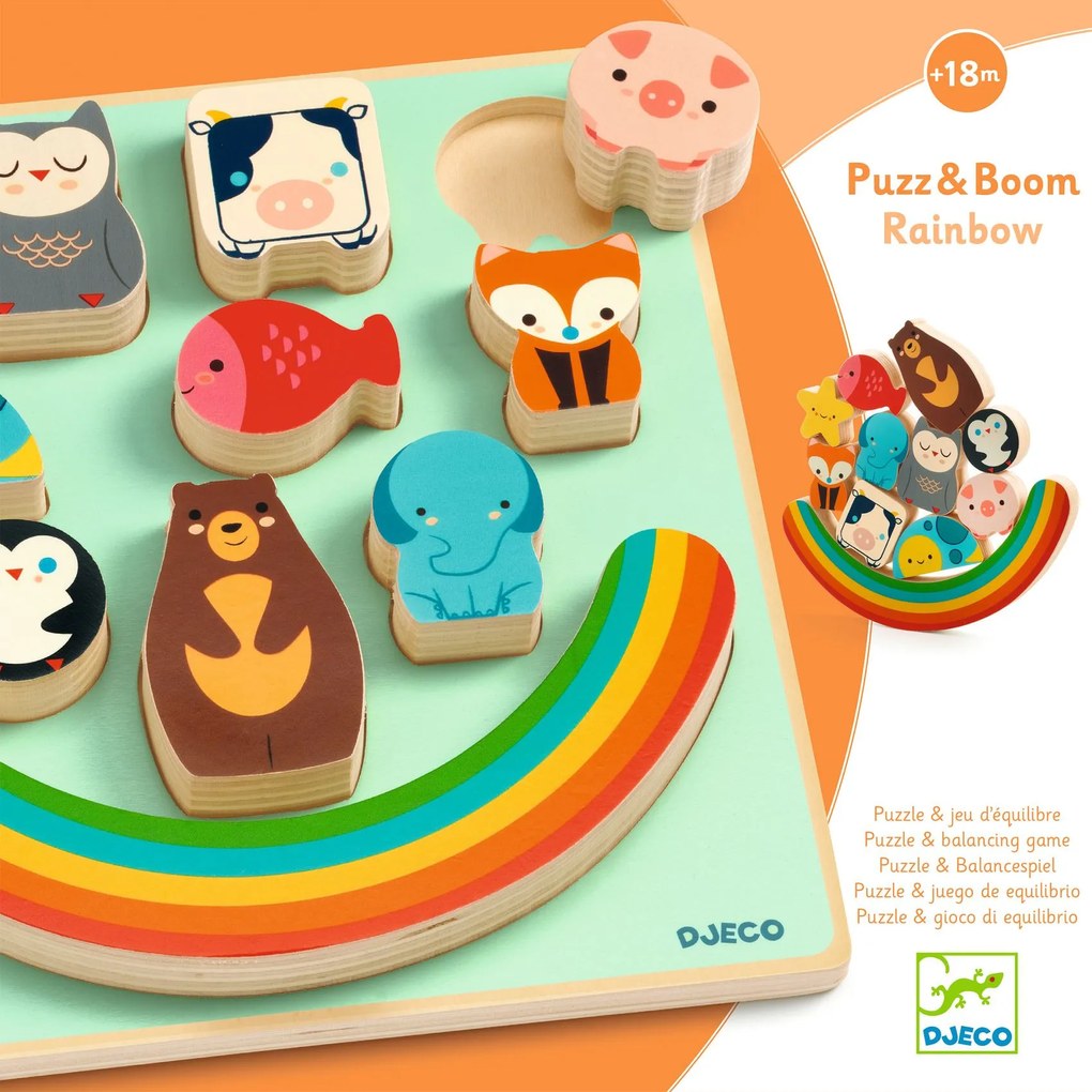 Puzzle in legno da assemblare e gioco di equilibrio - Animali e arcobaleno