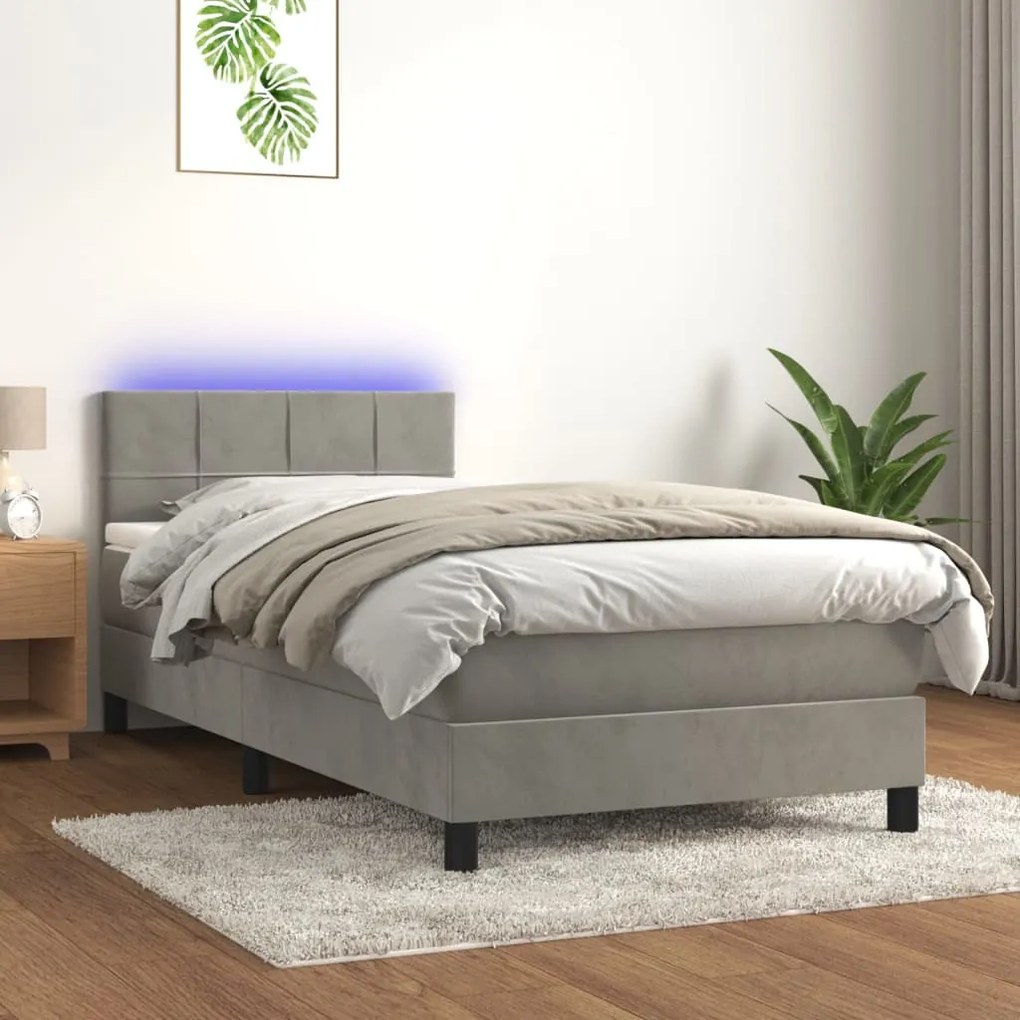 Letto a molle materasso e led grigio chiaro 90x190 cm velluto