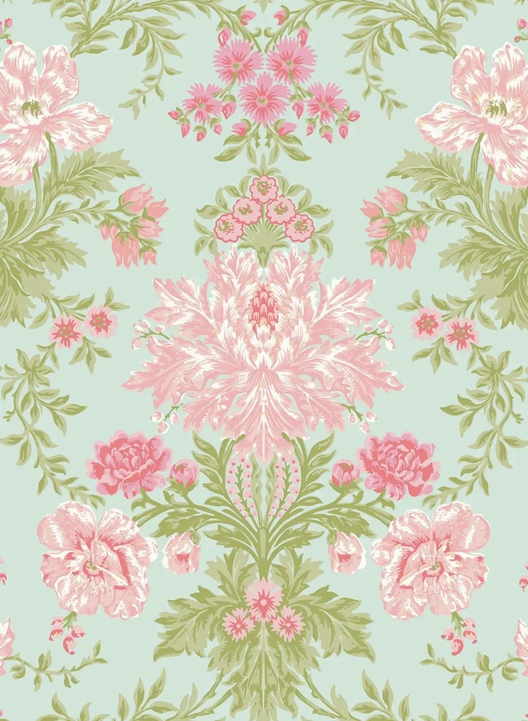 Cole & Son Carta da parati Poppies - Soft Pink/ Blush and Soft Green on Mint