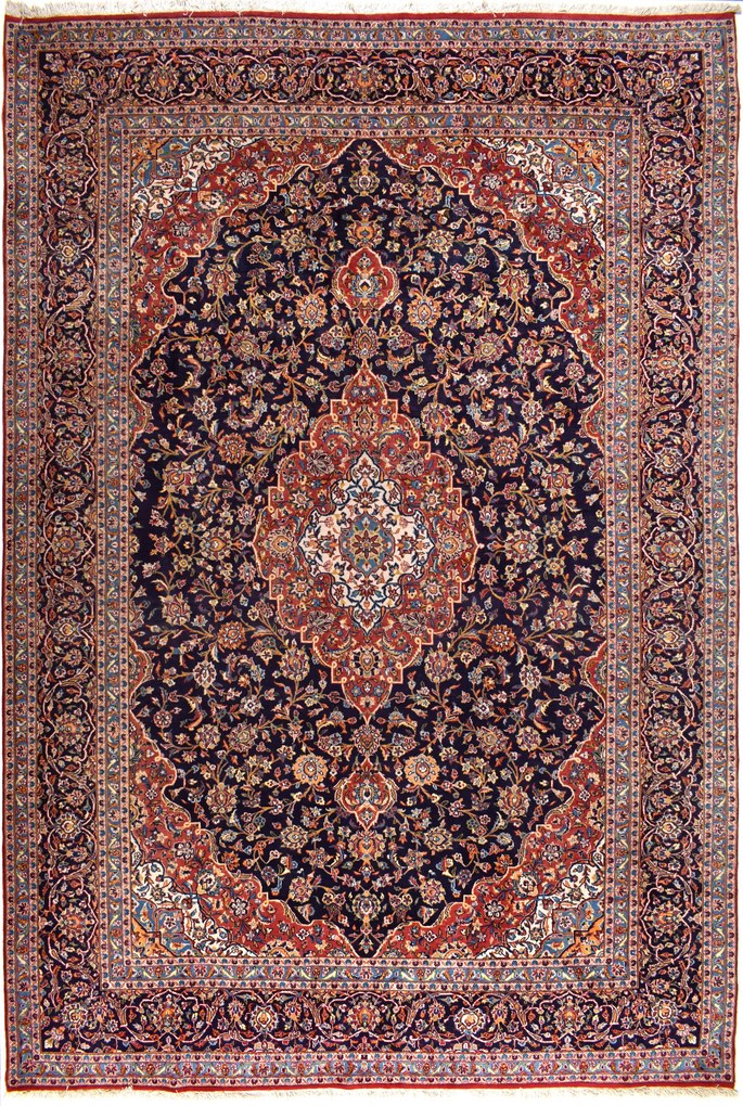 Kashan Tappeto 440x300 Blu (Iran) Annodato A Mano