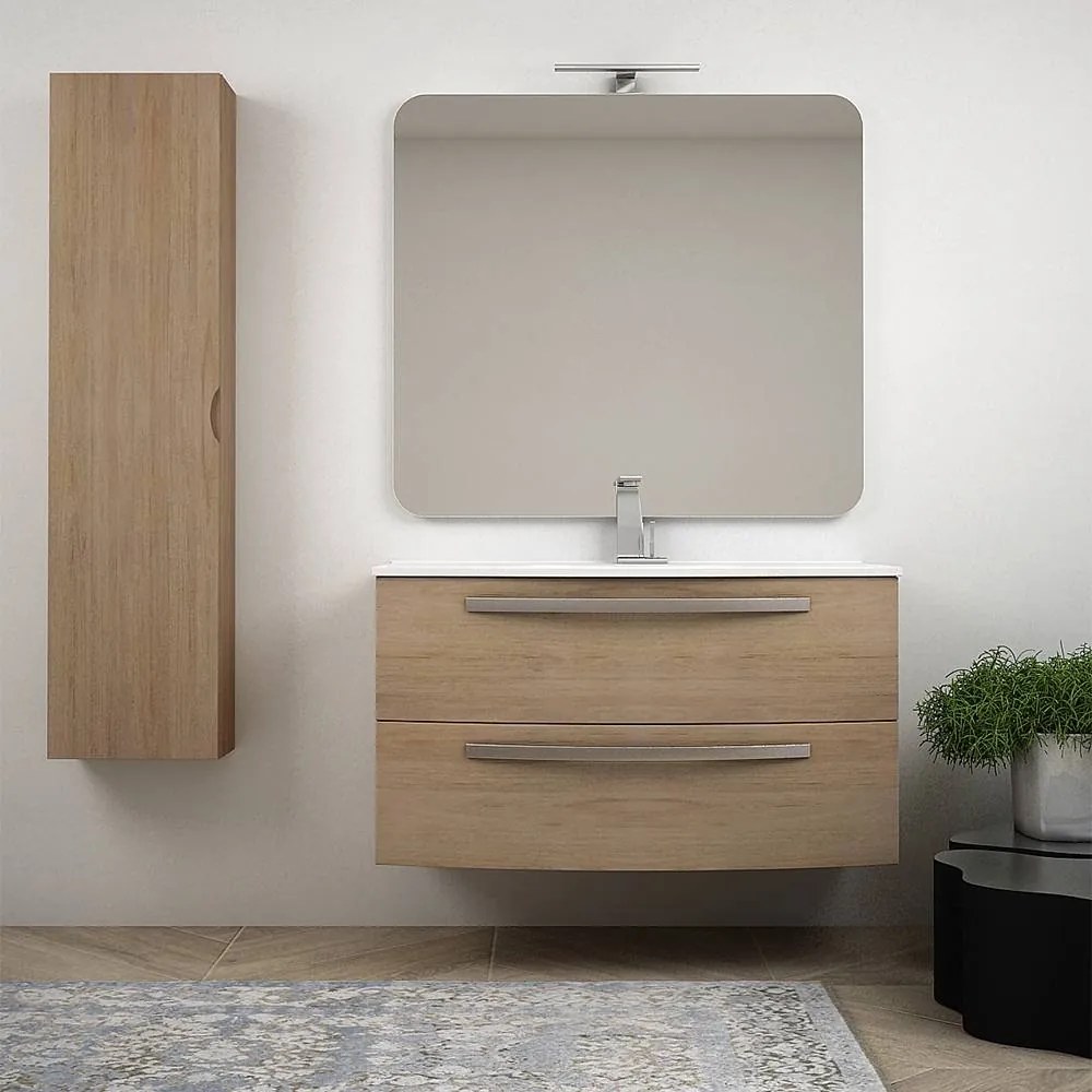 Mobile bagno sospeso 100 cm rovere tabacco curvo con colonna lavabo in ceramica e specchio Mod. Berlino