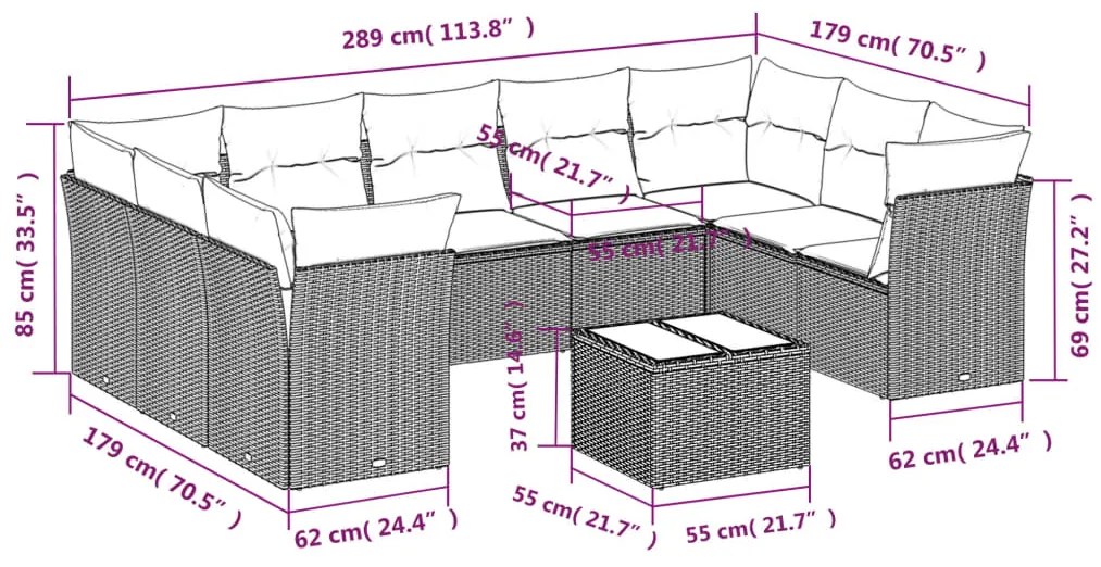 Set divani da giardino 10pz con cuscini in polyrattan nero