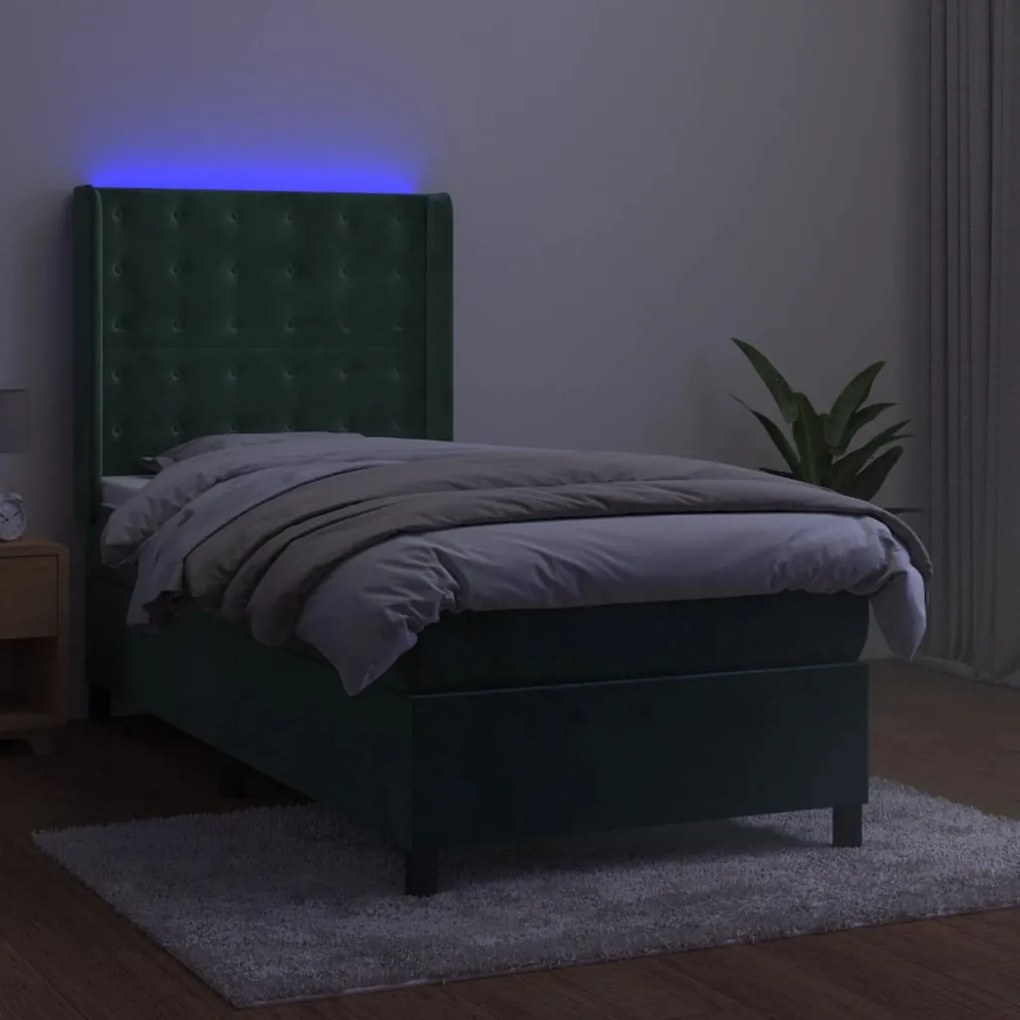 Letto a molle con materasso e led verde scuro 90x200cm velluto