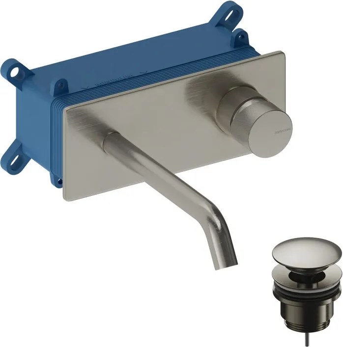 Rubinetto per lavabo Loop k 18 monocomando a parete per lavabo bocca 18cm + corpo incasso + piletta di scarico + placa rettangolare nickel brushed