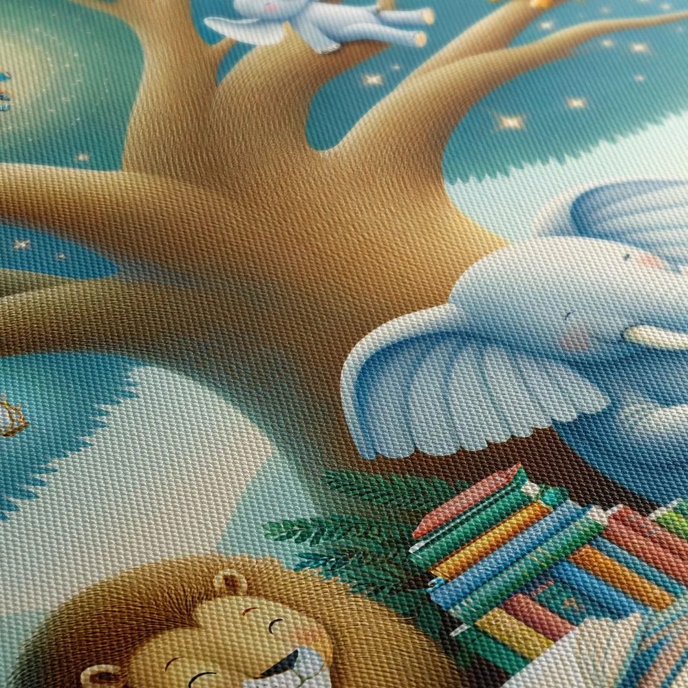 Quadro su tela – Animali sotto l’albero con libro