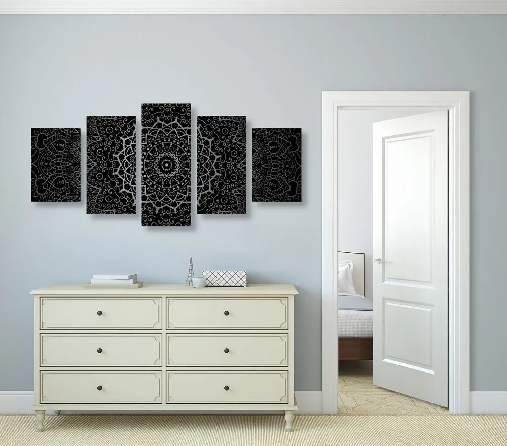 Quadri 5 pezzi – Mandala vintage in stile indiano in bianco e nero