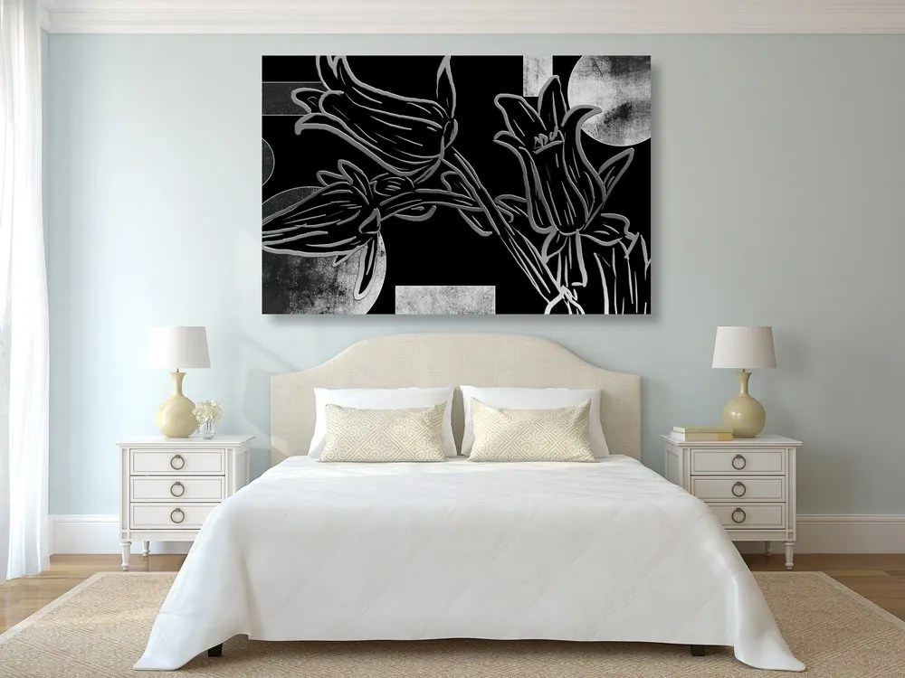 Quadro su tela – Fiori etnici in bianco e nero