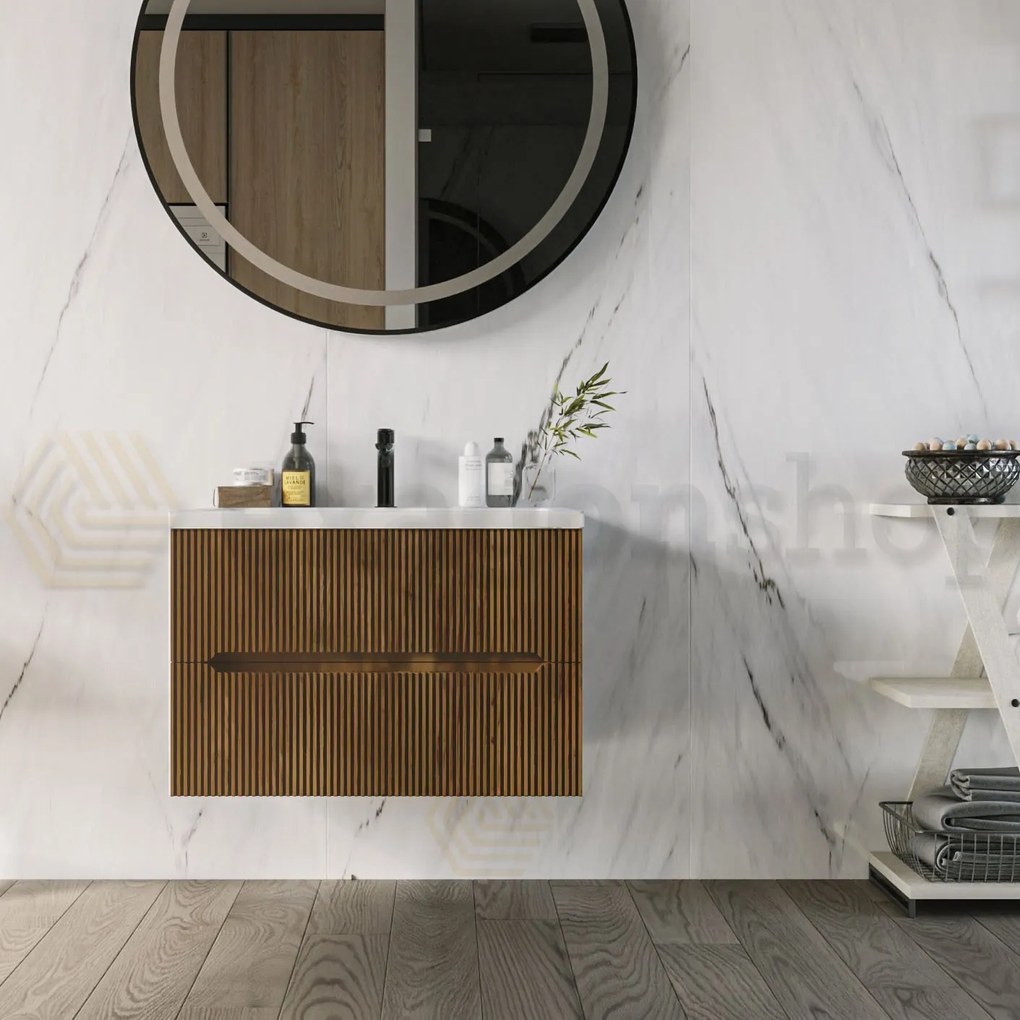 Mobile bagno noce chiaro 60x46 cannettato Urbino due cassetti con lavabo in ceramica frontale