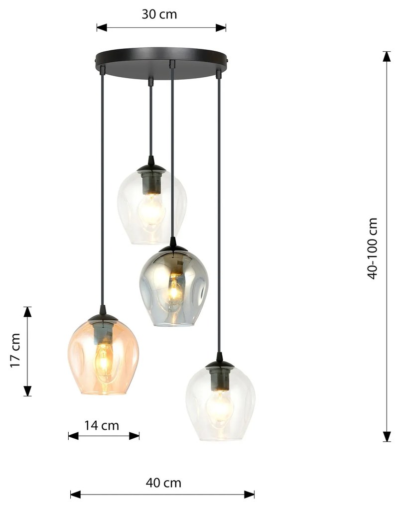 Lampadario 4 Luci Istar Base Tonda Acciaio Nero E Vetri Ambra Trasparente E Fumè