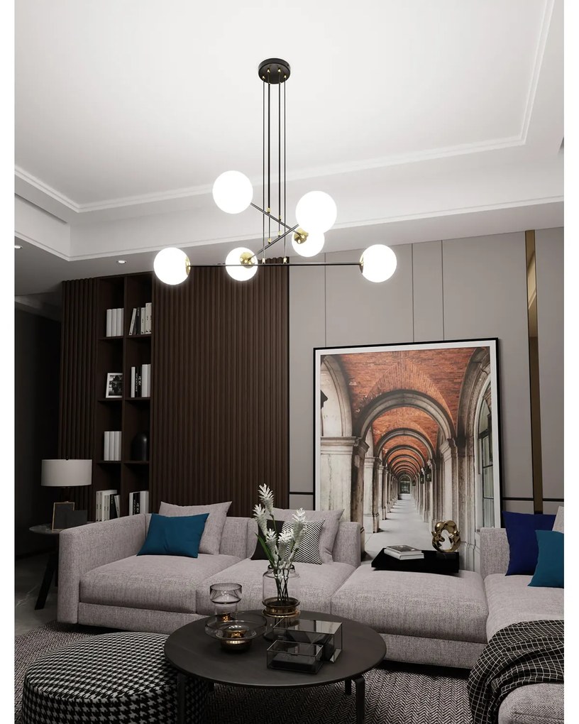 Lampadario Moderno 6 Luci Tsukuyomi In Acciaio Nero E Oro E Vetro A Sfera Opale
