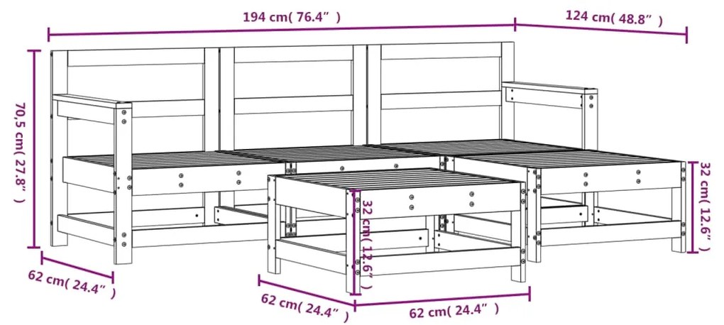 Set Salotto da Giardino 5 pz in Legno Massello di Pino