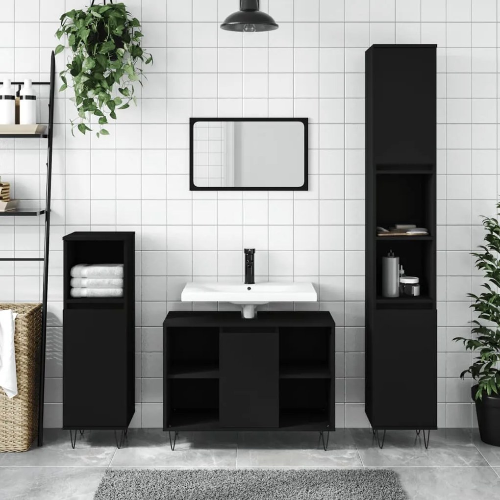 Set Mobili Da Bagno 3 Pz Nero İn Legno Multistrato /