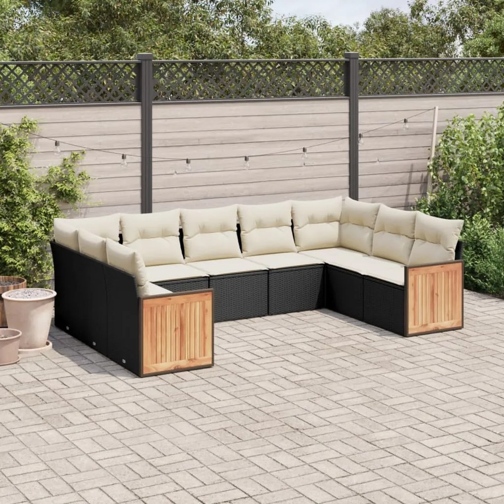 Set divani da giardino 9 pz con cuscini nero in polyrattan