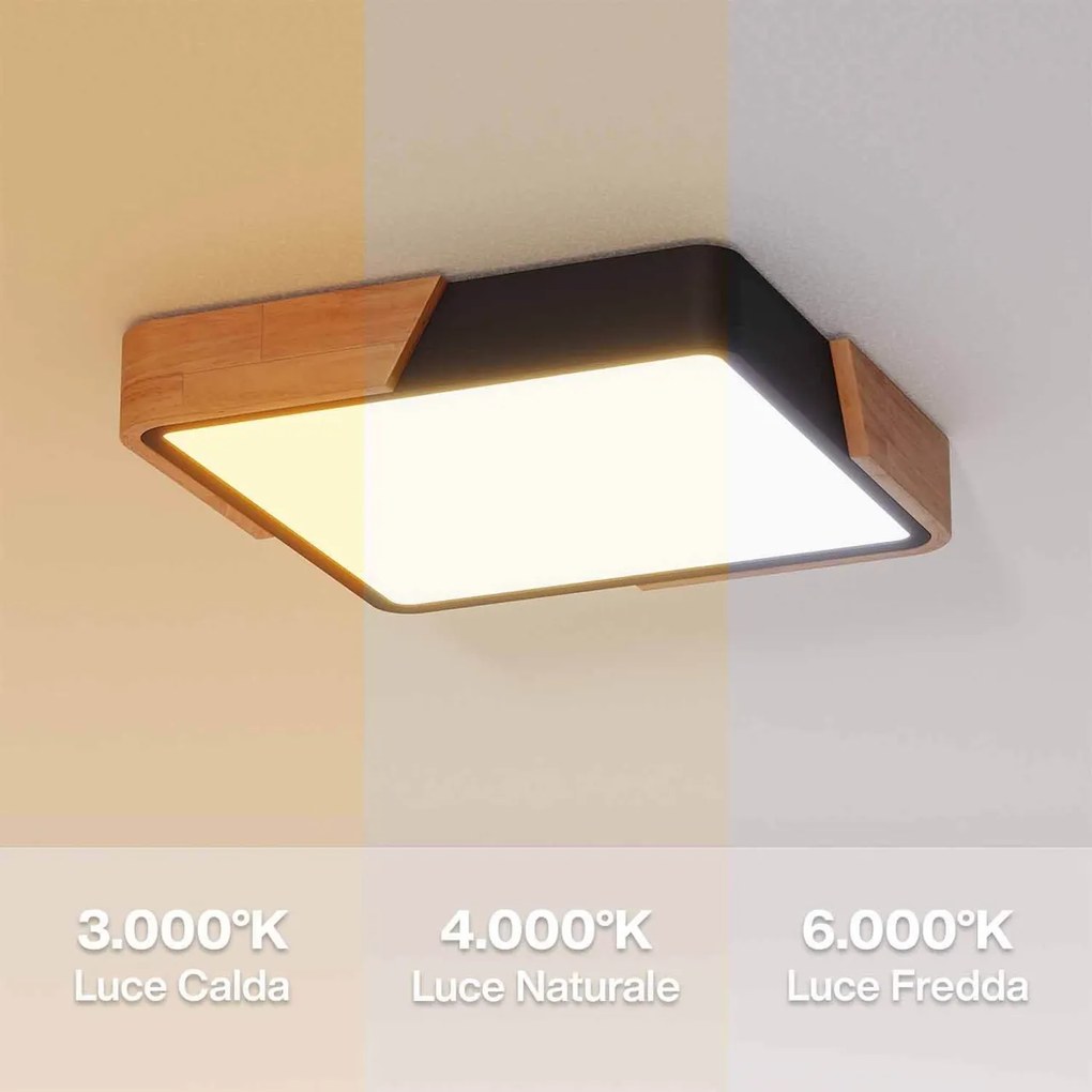 Plafoniera LED Quadrata 18W CCT 30x30cm Legno/Nero