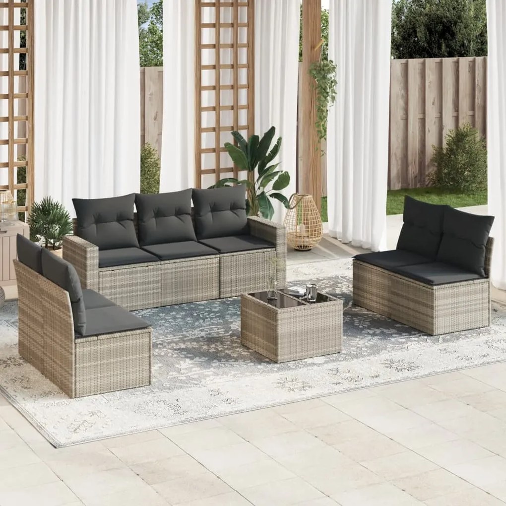 Set divano da giardino 8pz con cuscini grigio chiaro polyrattan