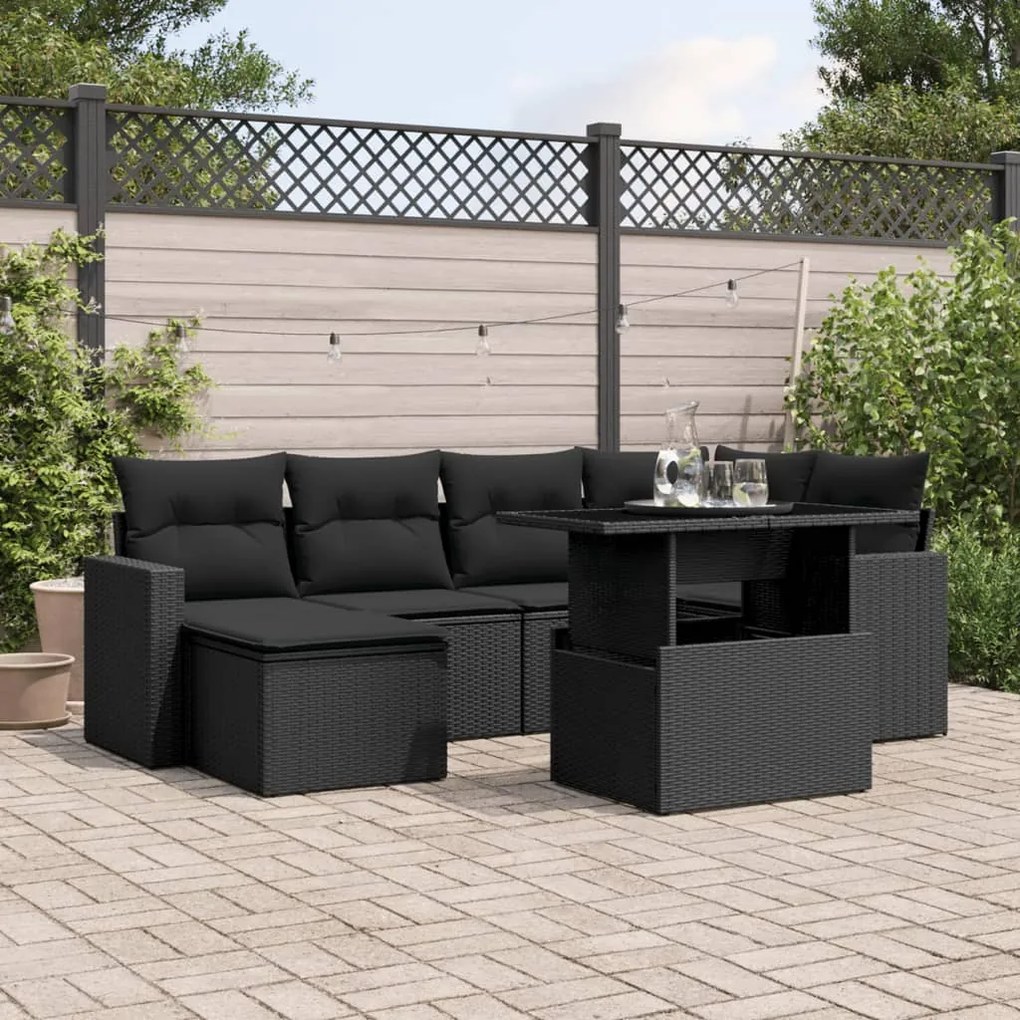 Set divani da giardino con cuscini 7pz nero polyrattan