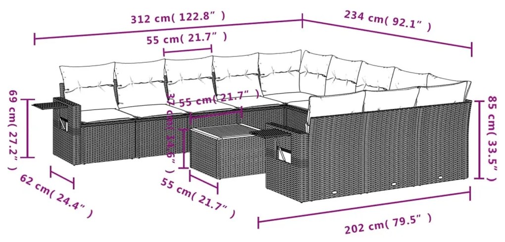 Set divani da giardino 12 pz con cuscini nero in polyrattan