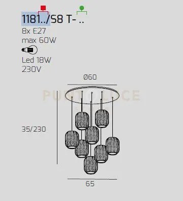 Sospensione bianco 8 luci tonda vetri 4x tr + 4x fu 1181bi-s8 t-tf