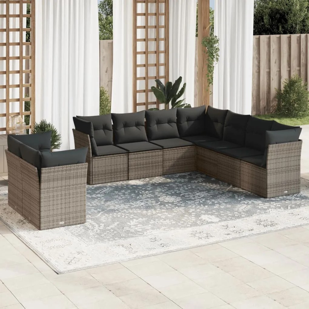 Set divano da giardino 9 pz con cuscini grigio in polyrattan