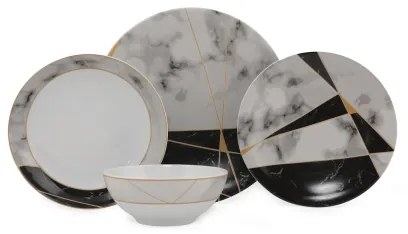 Set da tavola 24 pezzi, nero/bianco/oro, in porcellana