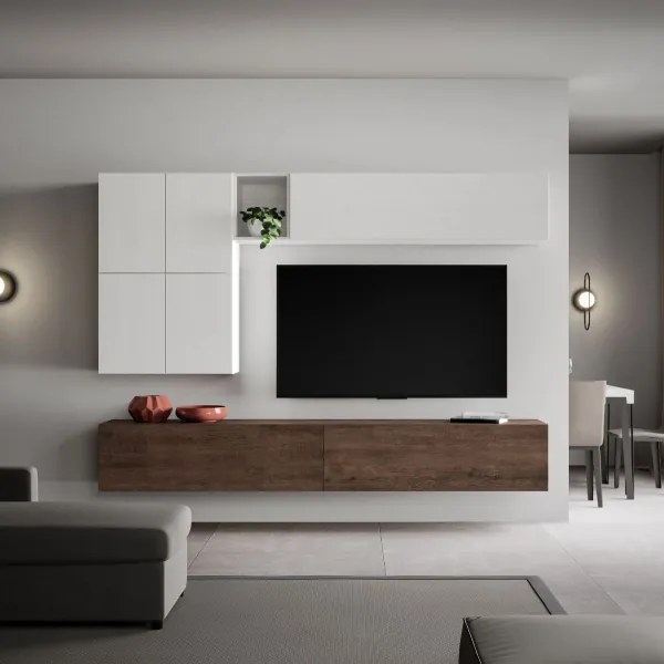 Parete soggiorno attrezzata Isoka A16 L.268 P.39,5 Bianco e Noce