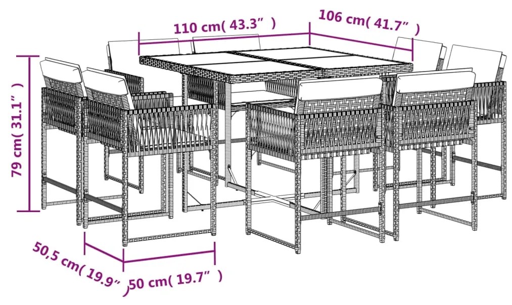 Set da pranzo da giardino 9 pz con cuscini nero in polyrattan