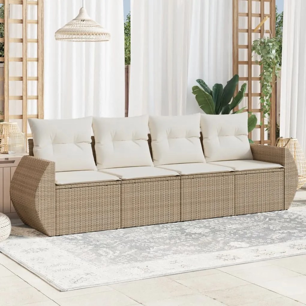 Set Divano da Giardino 4 pz con Cuscini Beige in Polyrattan