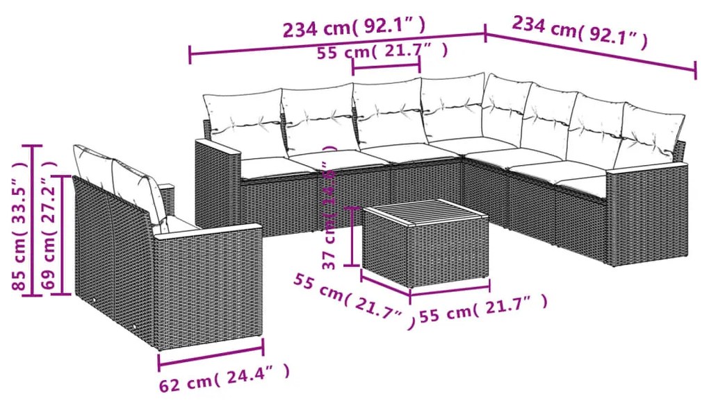 Set divani da giardino 10pz con cuscini in polyrattan nero