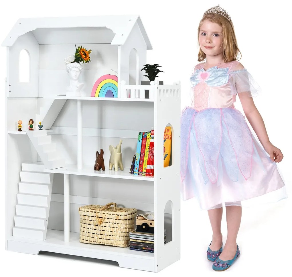 Costway Casa delle bambole di legno 2 in 1 a 3 livelli per bambini, Libreria multifunzionale con ampio spazio Bianco