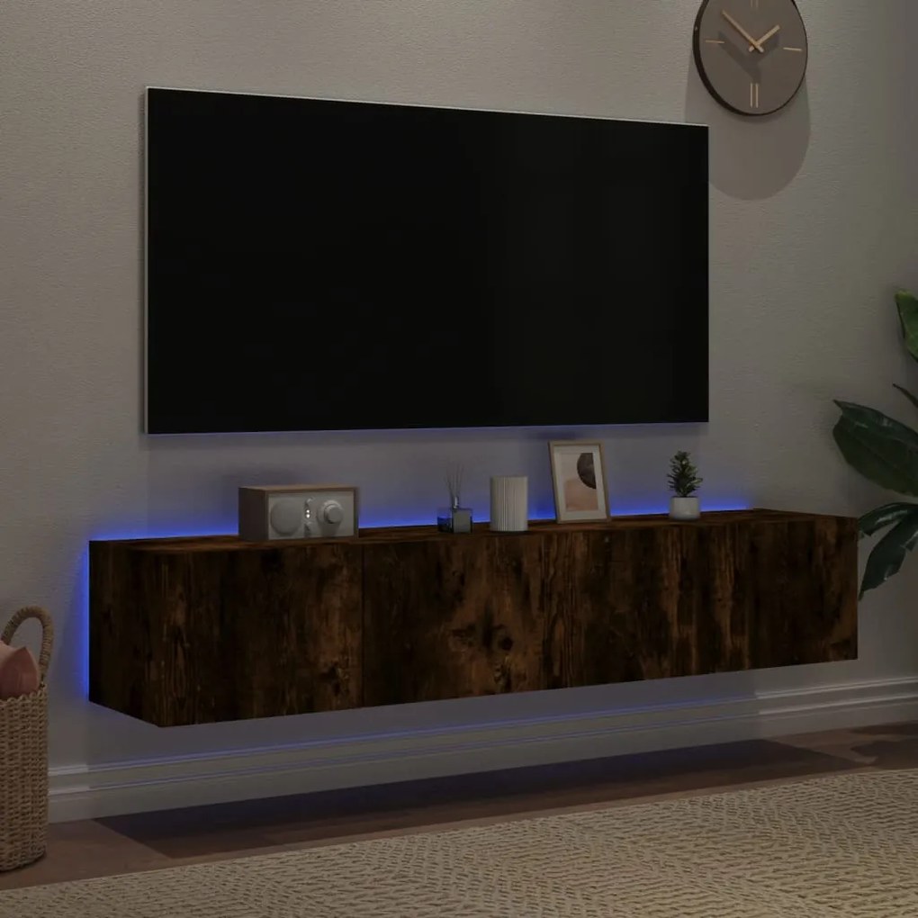 Mobili tv a parete con luci led 2pz rovere fumo 80x35x31 cm