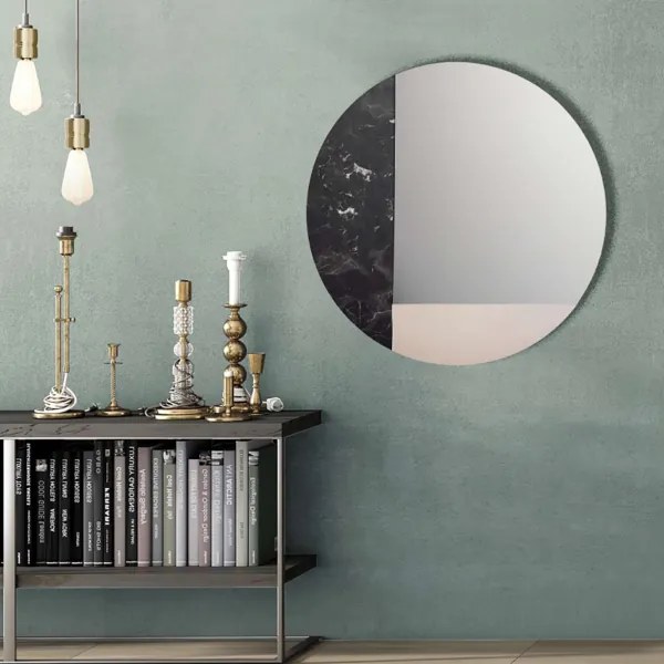 Specchio rotondo 80 cm marmo laminato nero e foglia argento - THOMAS