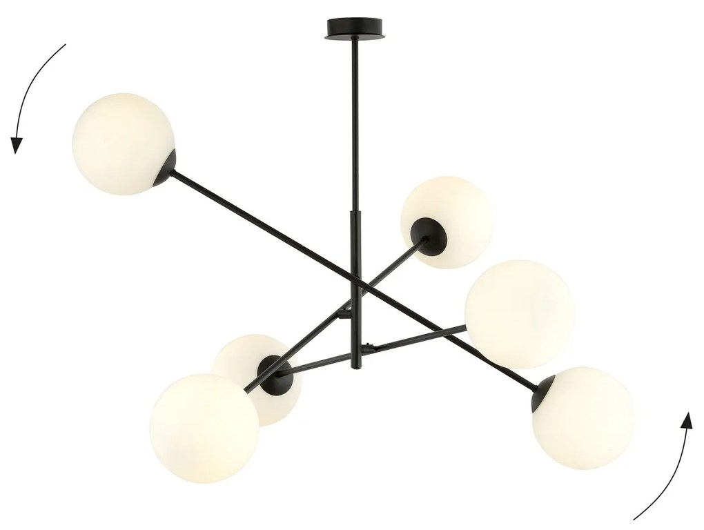 Lampadario 6 Luci Linear In Acciao Nero Con Bracci Regolabili E Vetro Opale