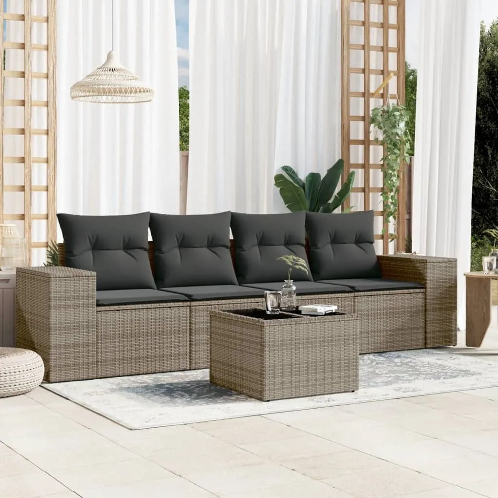 Set Divano da Giardino 5 pz con Cuscini Grigio in Polyrattan