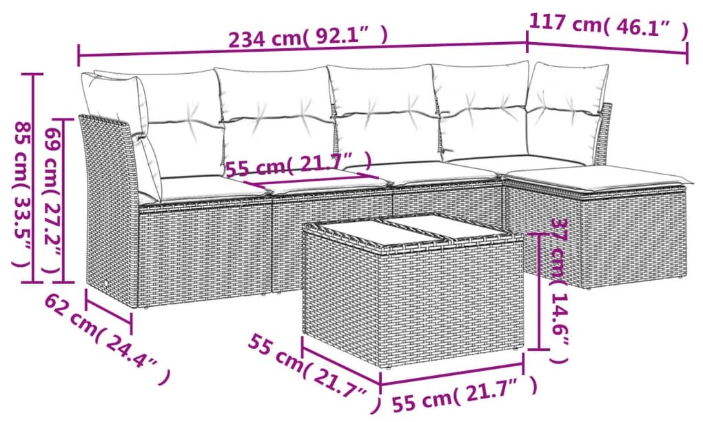 Set divano da giardino 6pz con cuscini grigio chiaro polyrattan