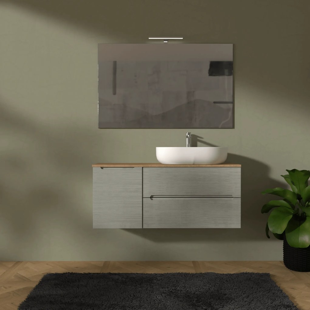 Mobile Bagno Sospeso Cannettato 120 Cm Due Cassetti Un'Anta e Top Specchio Con Lampada Led 70x120 Cm AdattoCasa "Rigo" Grigio Caldo/Rovere Farnia
