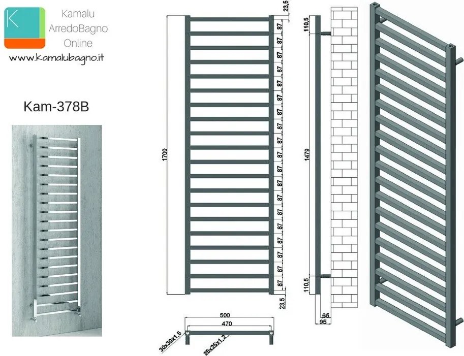 Termoarredo bagno 1700x500m nero opaco modello Kam-378N - KAMALU