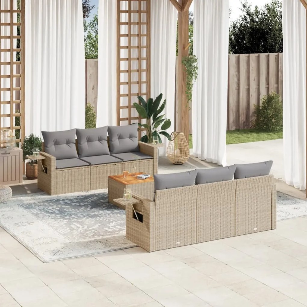 Set Divano da Giardino 7 pz con Cuscini Beige Misto Polyrattan