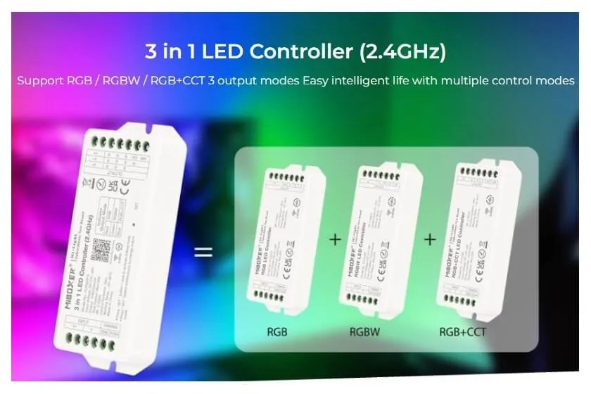 Ricevitore Controller RGB/RGBW/RGB+CCT 12/24V, Alta Potenza 20A, 4-Zone, Sinc. Aut., Push Dim. Controller  RGB + RGBW+ RGBCCT