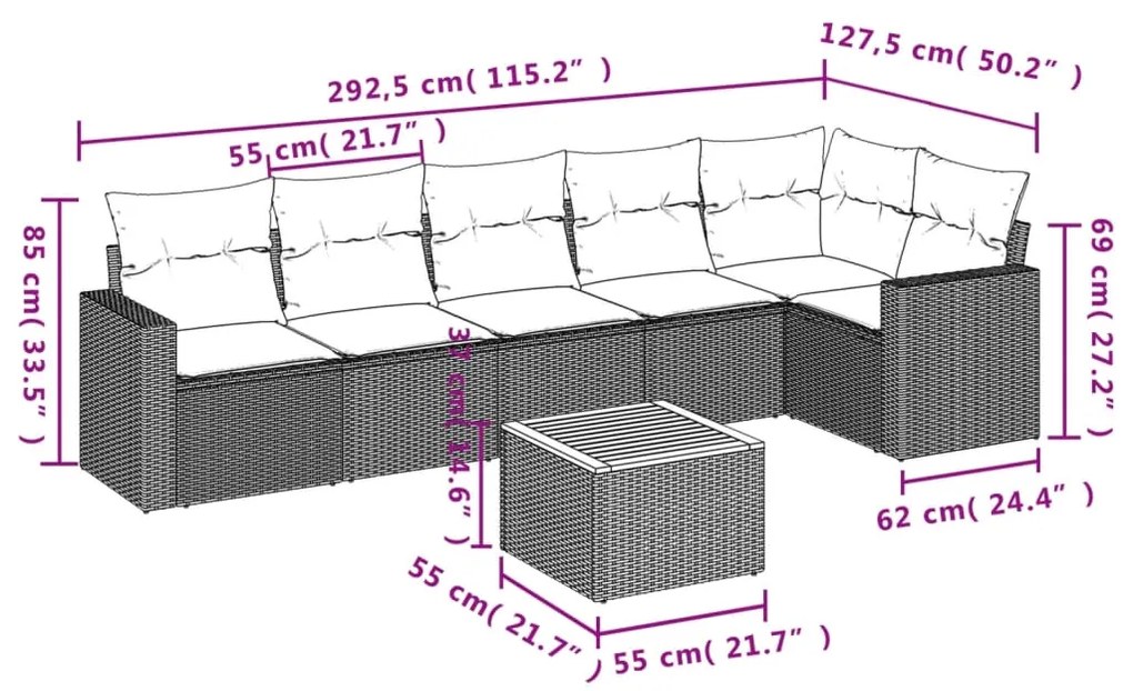 Set divani da giardino 7 pz con cuscini beige in polyrattan