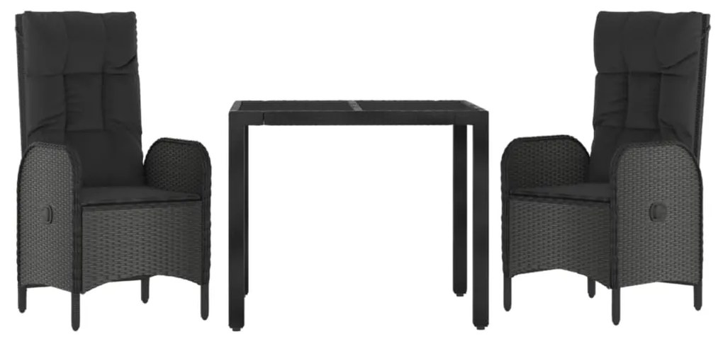 Set da pranzo da giardino 3 pz con cuscini nero in polyrattan