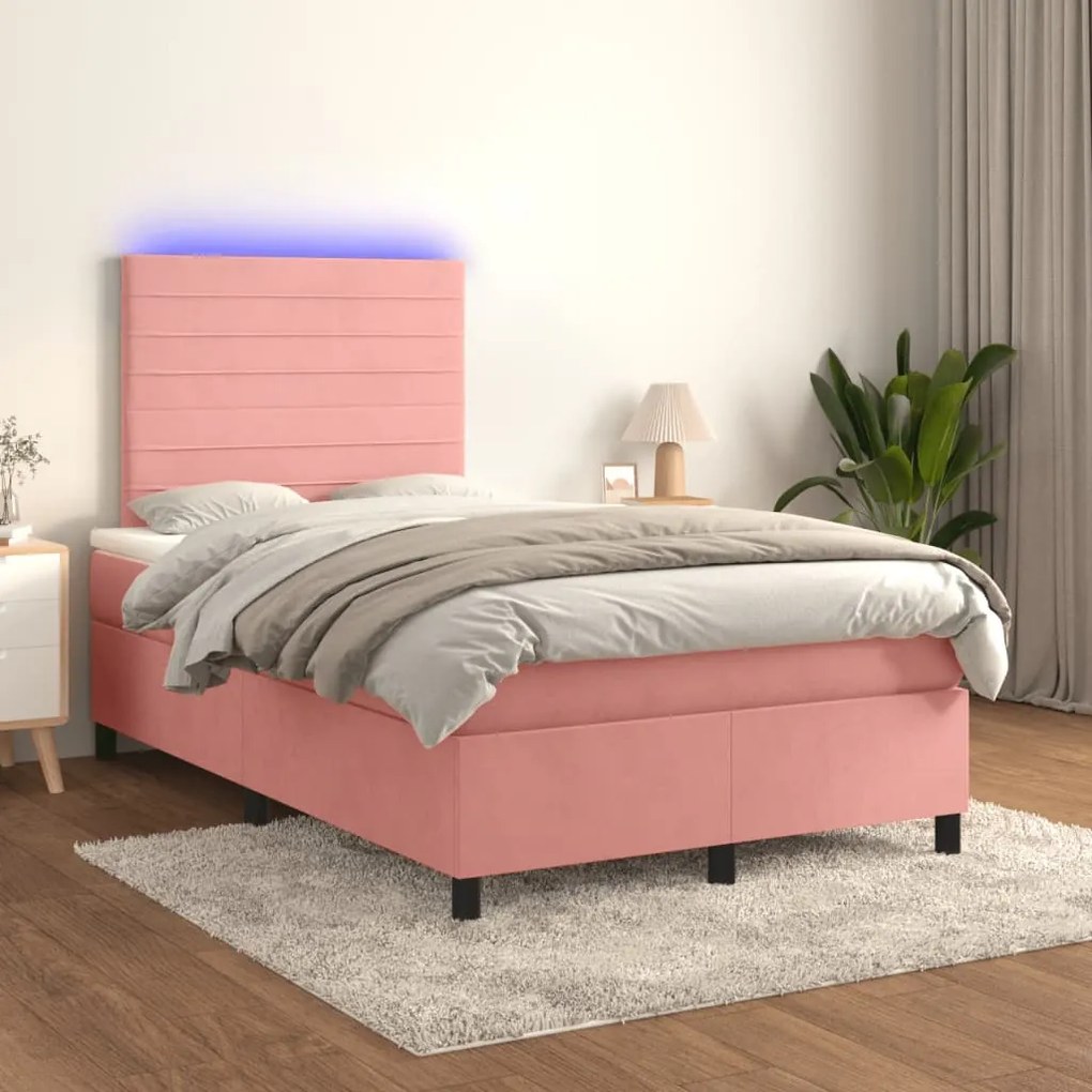 Letto a Molle con Materasso e LED Rosa 120x190 cm in Velluto