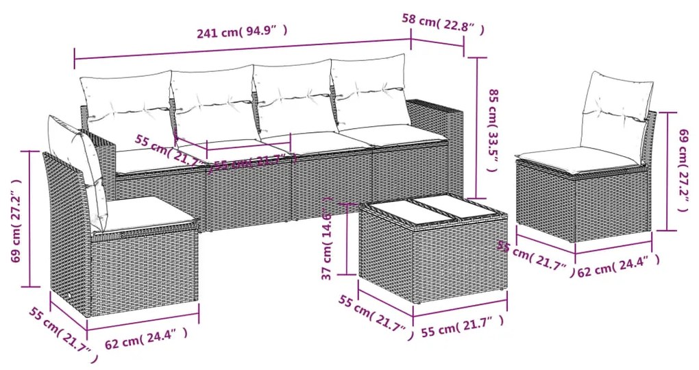 Set divani da giardino 7 pz con cuscini grigio in polyrattan